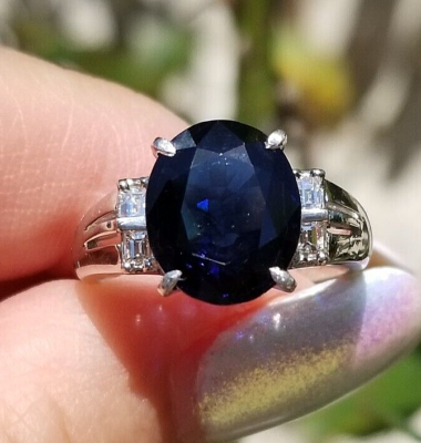 4.29TCW Vintage Dark Navy Blue Sapphire Emerald Diamond platinum ring