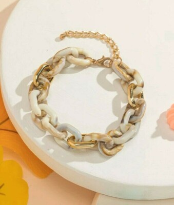 NEW Gold Beige Cream Chunky Chain Large Link Boho Statement Bracelet 