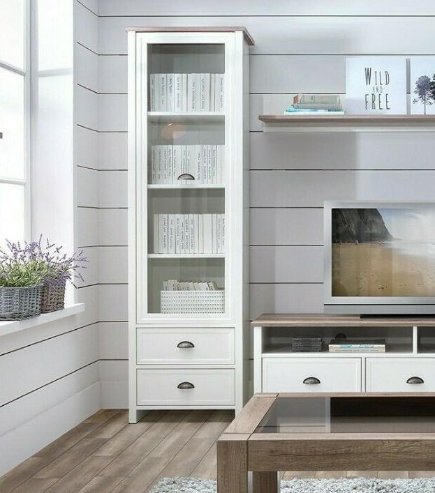 Country Tall Glass Display Cabinet Door 2 Drawer Oak White Finish