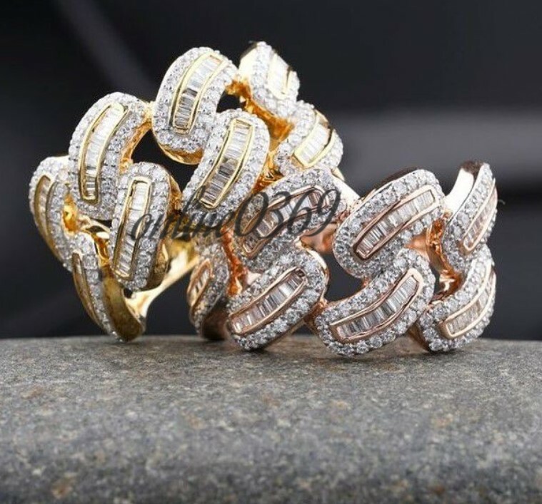 Pre-owned Online0369 3 Ct Baguette Cubic Zirconia Men's Cuban Link Eternity Ring 925 Sterling Silver In White