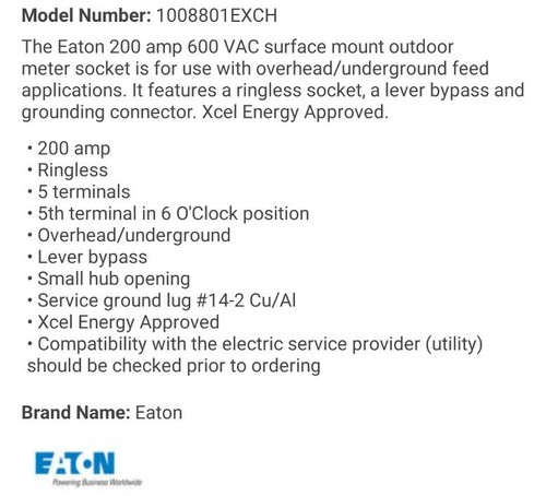 Eaton 200 amp meter socket with Manual Lever Bypass Ringless New 1008801EXCH