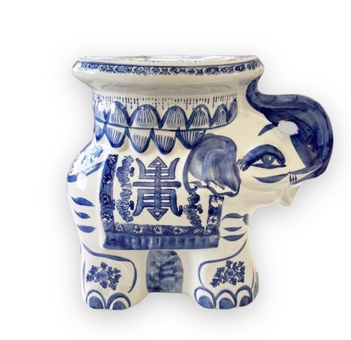 Vintage Ceramic Chinoiserie Blue and White Elephant Plant