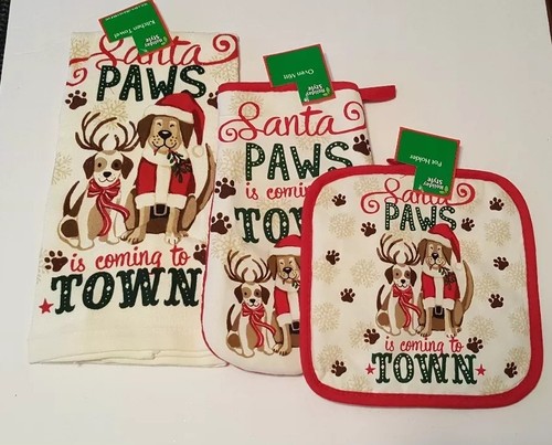 Christmas Kitchen Towel Oven Mitt Pot Holder 3 Pc Set Dogs Santa Paws Red New