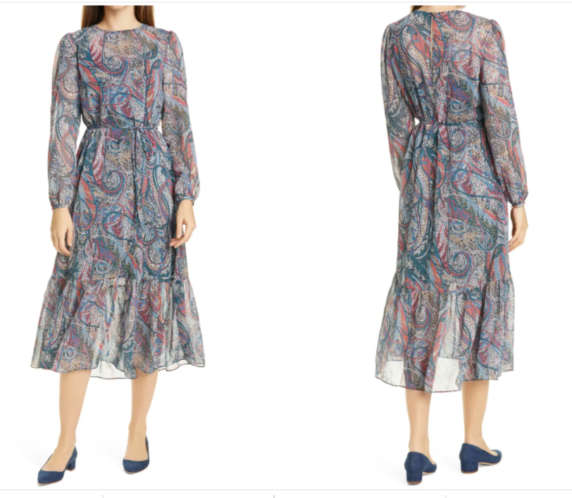 

(Без подкладки и завязки на поясе) Прозрачное платье с длинными рукавами и узором пейсли TED BAKER Elornna, 4 ТБ, Multicolor