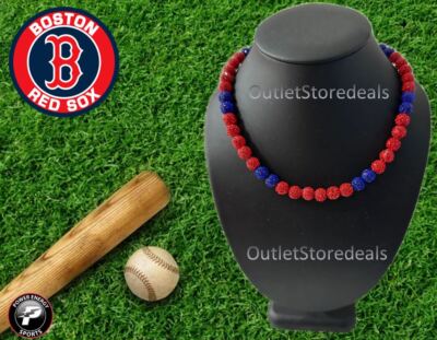 Rhinestone Iced Crystal Disco Ball Beaded Polly Baseball Team Necklace Red Sox