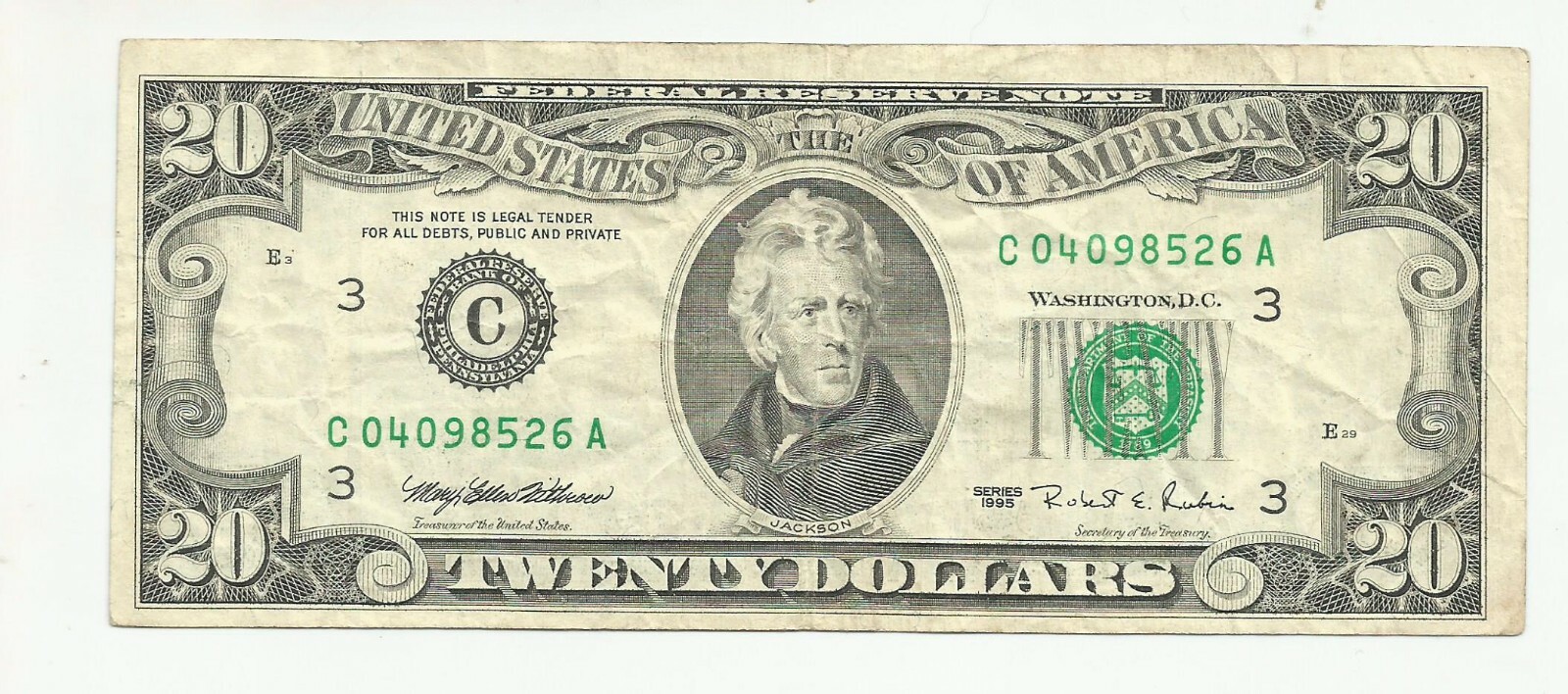 1995 $20 Philadelphia Federal Reserve Note Withrow-Rubin Fr