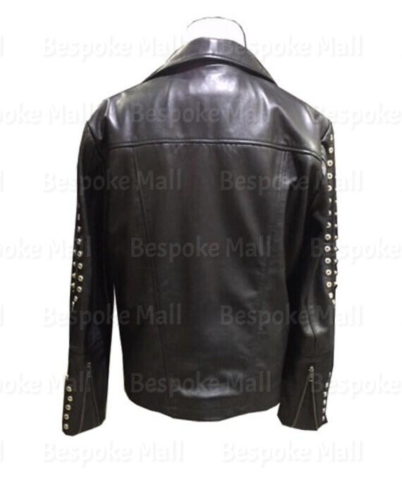Pre-owned Handmade Men's Black Motorcycle Silver Studded Genuine Leather Brando Jacket-967
