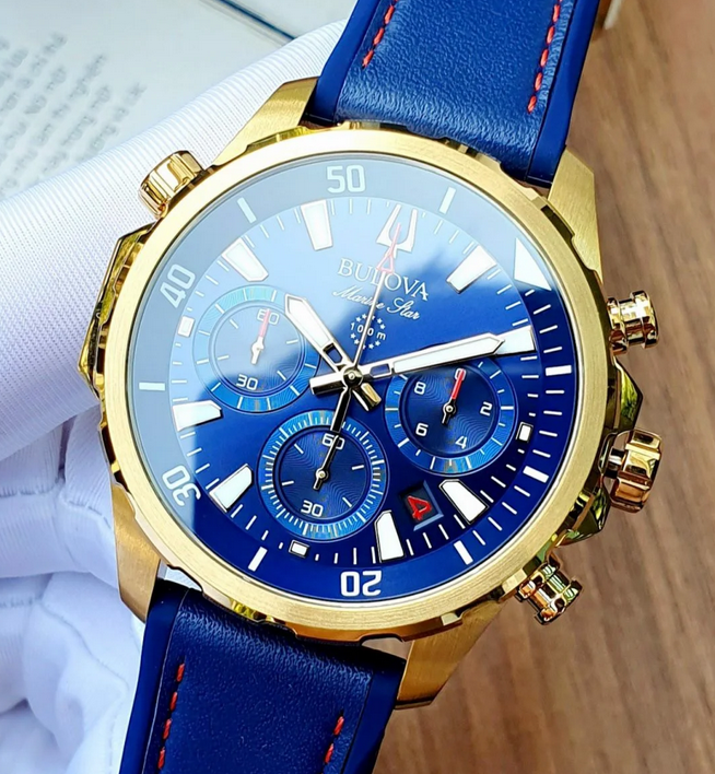Pre-owned Bulova Marine Star Blue Dial 97b168 Gold Tone Silicone Strap Men's Watch