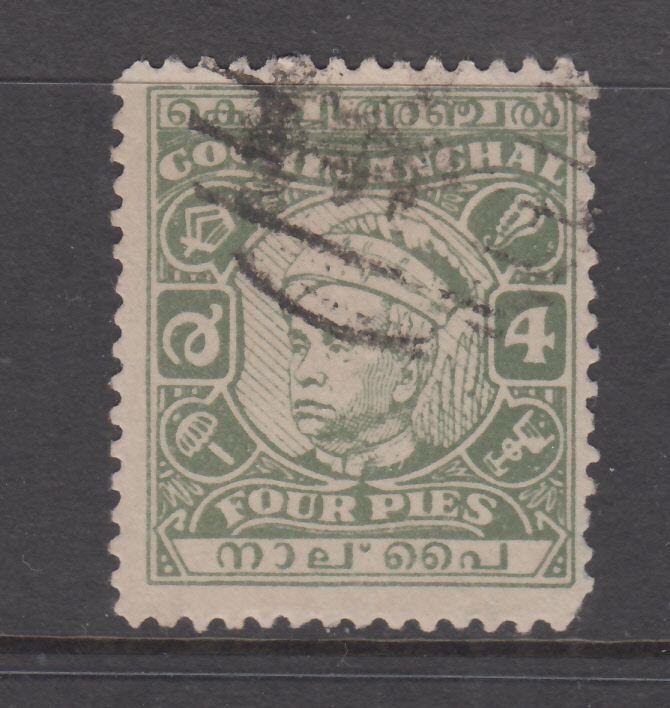 Cochin - 4p Maharaja Kerala Varma Iii Issue (Used) 1948 (Cv $11)