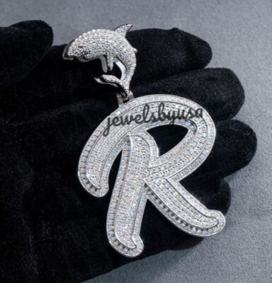 Pre-owned Nsg 2.7ct Natural Diamond Men "r" Any Initial Buss Down Pendant 925 Silver Free Gift In White