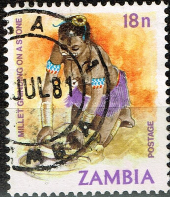Zambia Culture Ethnicities Tribal Woman millet gringing stamp 1980 A-24