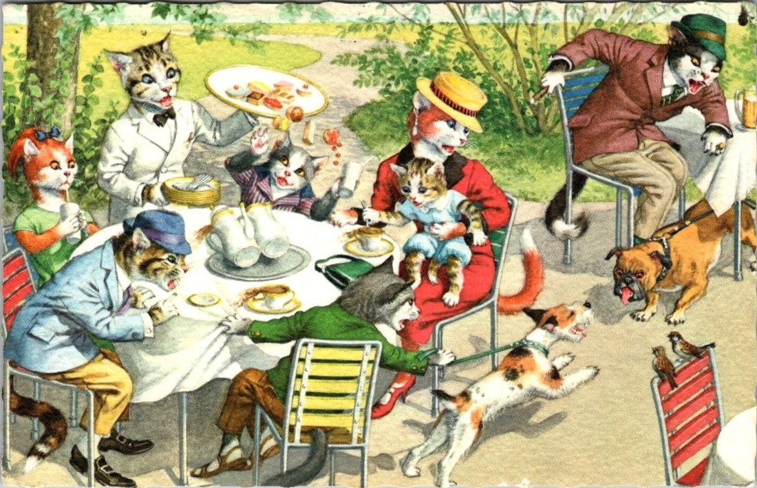 Vintage Postcard Alfred Mainzer Cats Dogs at Restaurant Eating Outside
