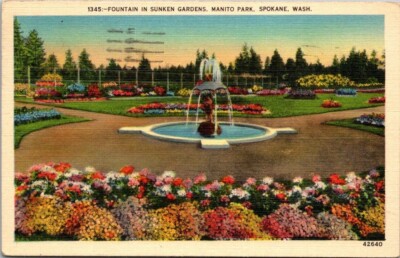 Manito Park Fountain Spokane Washington 1942 Vintage Linen Postcard B12