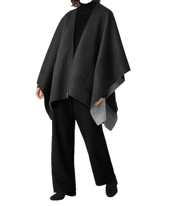 Pre-owned Eileen Fisher Dble-faced Wool / Cashmere Serape Poncho Charcoal/moon One Size In Gray