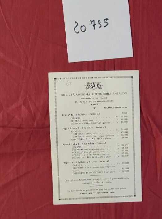NÂ° 20735 /  Ansaldo /  Tarif En FranÃ§Ais  01-10-1926