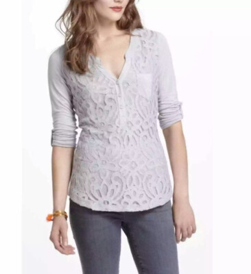 Anthropologie Vanessa Virginia Blouse Womens Medium Gray  Devin Henley Lace