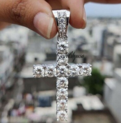 Pre-owned Nsg Tester Passing Moissanite Mens Vintage Cross Charm Pendant Free Chain 925 Silver In White