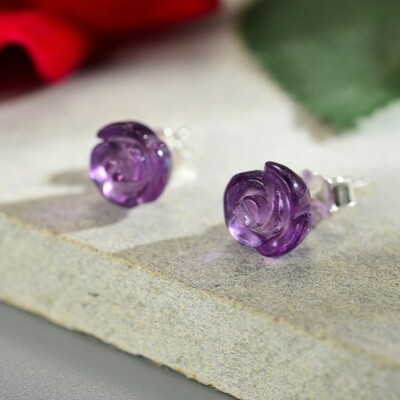 Hand Carved Rose Flower Amethyst Crystal Healing Sterling Silver Stud Earrings