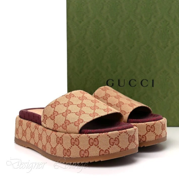 Pre-owned Gucci Angelina Gg Beige Monogram Platform Slide Sandals Size Eu 38 Us 8