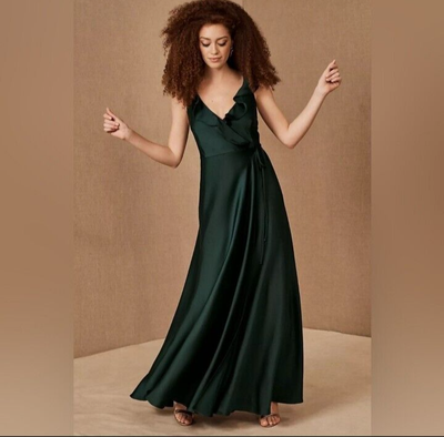 BHLDN Dress Green Emerald Tansy Satin Charmeuse Wrap Formal Maxi