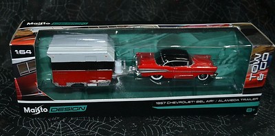 2016 MAISTO DESIGN TOW GO 1957 CHEVROLET BEL AIR RED / ALAMEDA TRAILER VHTF