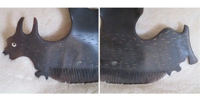 LARGE ONE OF A KIND ANTIQUE FERTILITY HANDCARVED EBONY WOODEN COMB - NATIVE ART