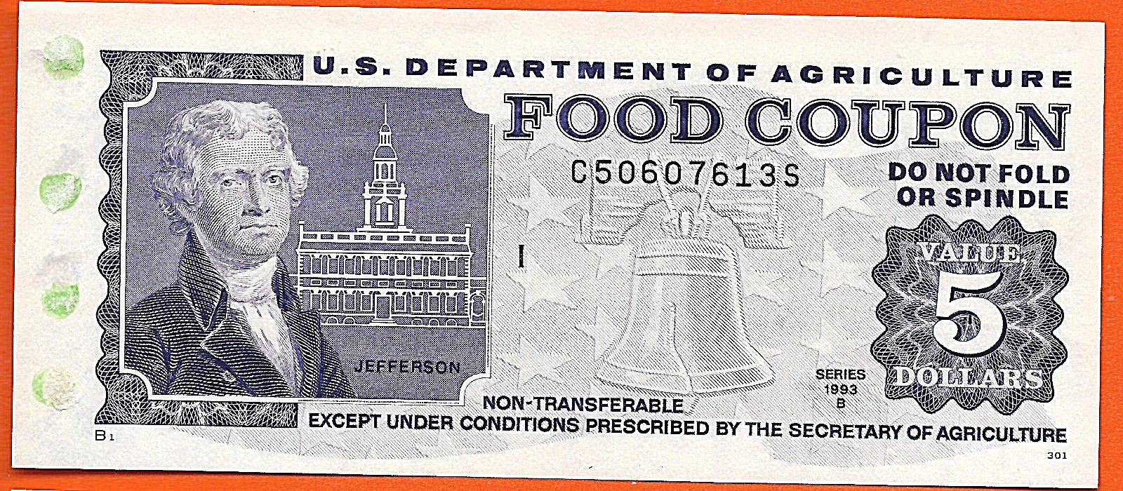 FOOD STAMP COUPON  GEM UNC THREE COUPONS $10. $5. $1. with book end tab USDA