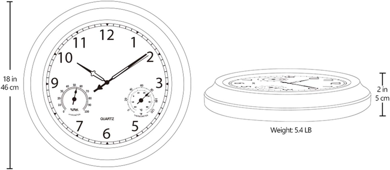 Large Waterproof Outdoor Clock, 18 Inch Patio Clock with Thermometer & Hygromete