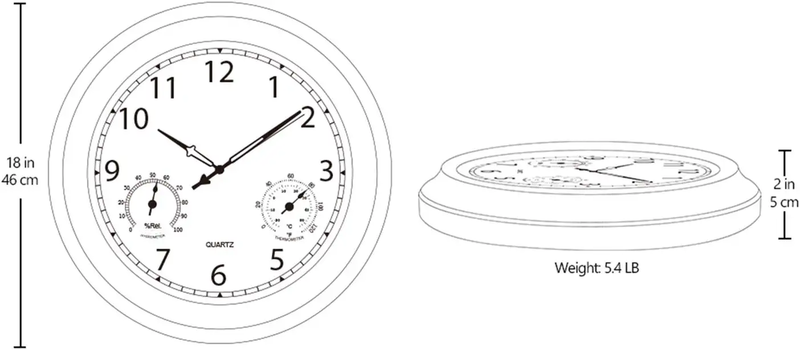 Large Waterproof Outdoor Clock, 18 Inch Patio Clock with Thermometer & Hygromete