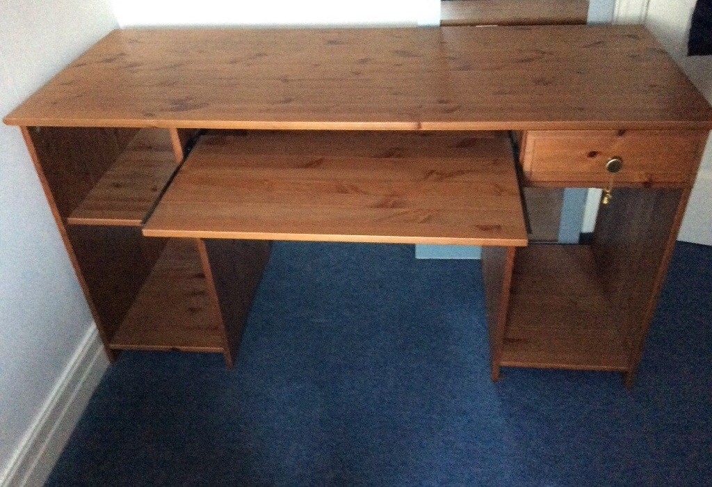 IKEA ‘BILLY’ DESK, OAK VENEER WITH PULL OUT KEYBOARD SHELF, ONE DRAWER