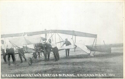 Postcard Chicago, Illinois Aviation Meet in 1911 - Ovington's Wrecked Curtiss