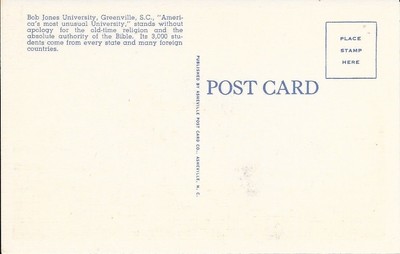 Greenville SC Dixon McKenzie Dining Common Bob Jones University Postcard #s1011