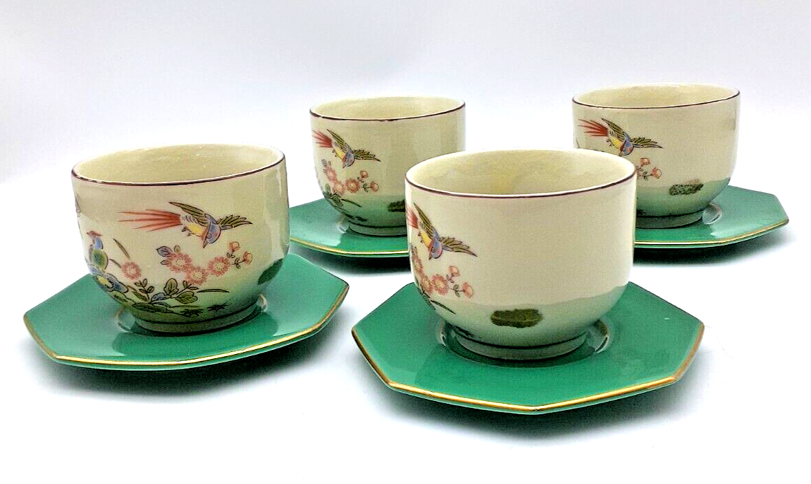 Of 4 Fukagawa Koransha Porcelain Tea Cups And Saucers Green Birds Floral