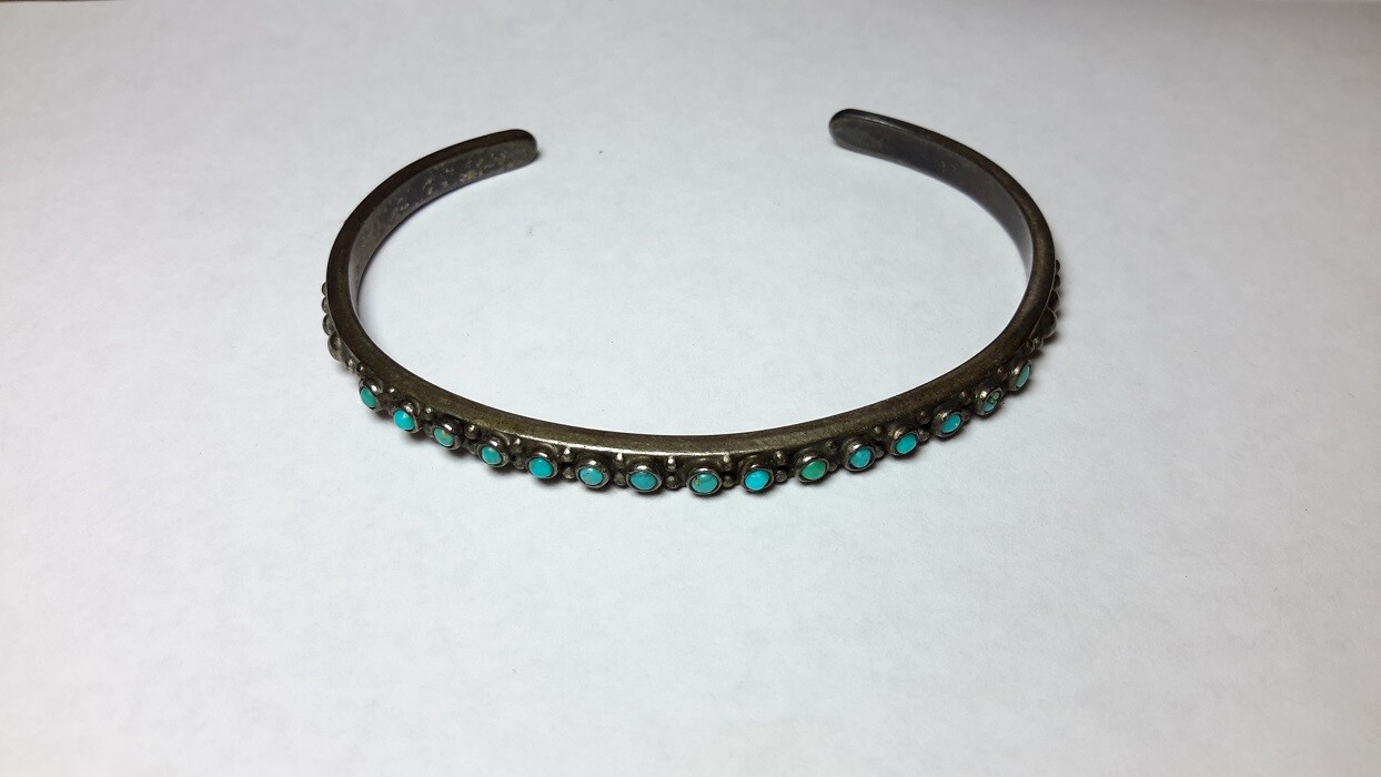 Old Fred Harvey Era Navajo Sterling Snake Eye Turquoise Row Bracelet