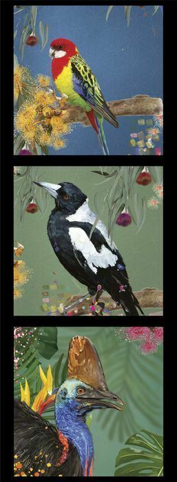 Australian Wildlife Rosella Magpie Cassowary Karin Roberts Cotton Fabric Pnl
