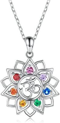 7 Chakra Yoga Lotus Flower Necklace 925 Sterling Silver Om Ohm Crystal Necklaces