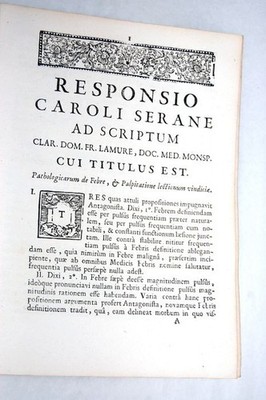 LIVRE ANCIEN RESPONSIO SERANE À LAMURE CONTROVERSE MÉDICALE FIÈVRE 1749