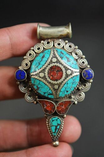 Rare Unique Tibetan Silver Inlay Turquoise National Style Pendant A3