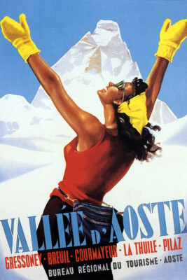 ITALY VALLEY D'AOSTA SKI WINTER SPORT ITALIA TRAVEL TOURISM VINTAGE POSTER REPRO