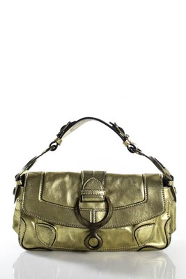 Cesare Paciotti Gold Metallic Leather Small Flap Satchel Handbag