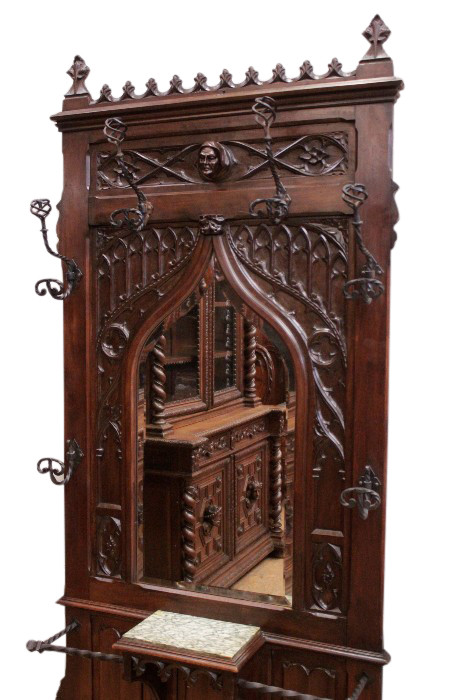 Antique French Gothic Hall Rack, Walnut, Narrow Model, 19th Century
