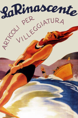 ITALY LA RINASCENTE ITEMS FOR HOLIDAY GIRL WATER SKI TRAVEL VINTAGE POSTER REPRO