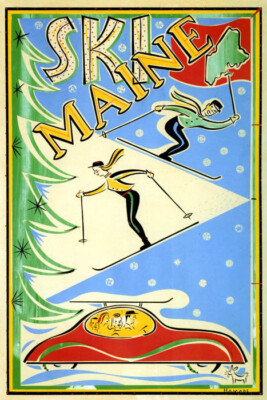 SKI WINTER SPORT CHRISTMAS TREE MAINE FAMILY TRAVEL USA VINTAGE POSTER REPRO