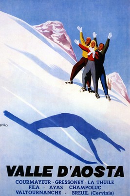 VALLE D'AOSTA SKI JUMP SHADOW WINTER SPORT ITALY TRAVEL VINTAGE POSTER REPRO