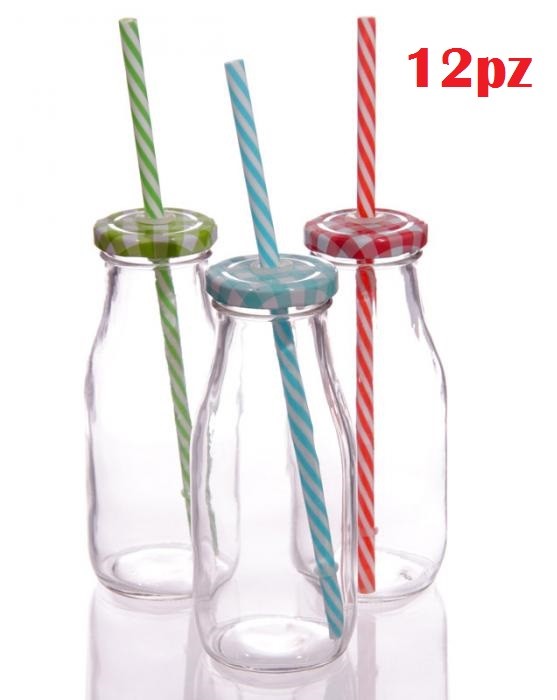 Set 12 Pezzi Bottiglia Con Tappo Colorato E Cannuccia Bibite Drink 500ml dfh