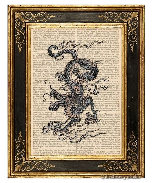 Chinese Dragon Art Print on Vintage Book Page Asian Oriental Office Home Decor