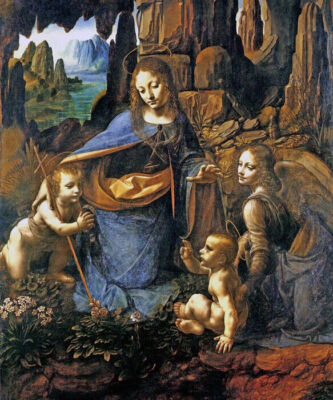 THE VIRGIN OF THE ROCKS CHILD AND ANGELS PAINTING BY LEONARDO DA VINCI REPRO