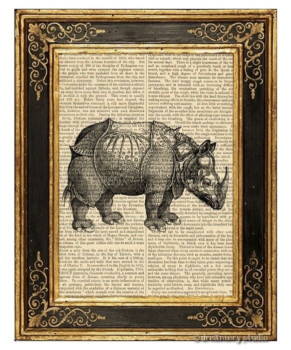 Rhinoceros Art Print on Vintage Book Page Home Office Decor Gifts Rhino Horn