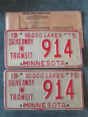 1975 Minnesota License Plate PAIR YOM Plates Driveaway Transit LOW # 914 Porsche