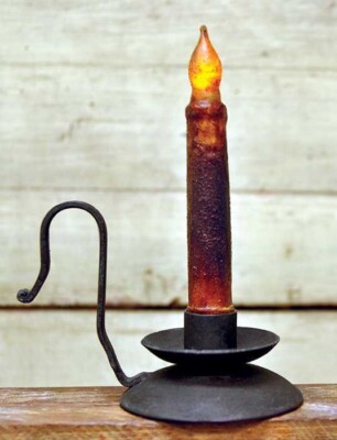 Primitive Country Farmhouse Early American Black Iron Candle Holder W/ Handle
